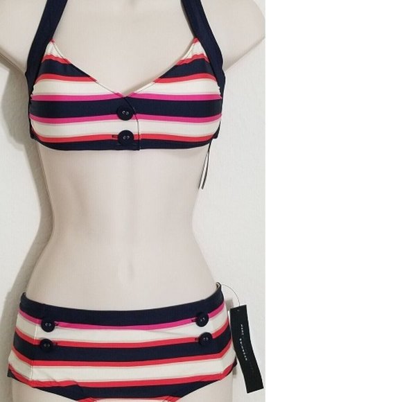 MARC JACOBS STRIPED 2PC BIKINI BUTTON HIPSTER NAVY IVORY SWIMSUIT SZ L,M NWT - Picture 1 of 10